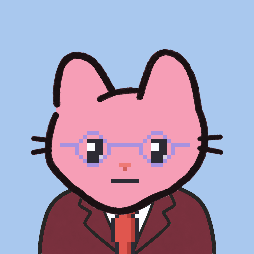 Employee #1750 — a pink cat, in a burgundy suit, with a red tie, wearing round-lavender glasses, on sky