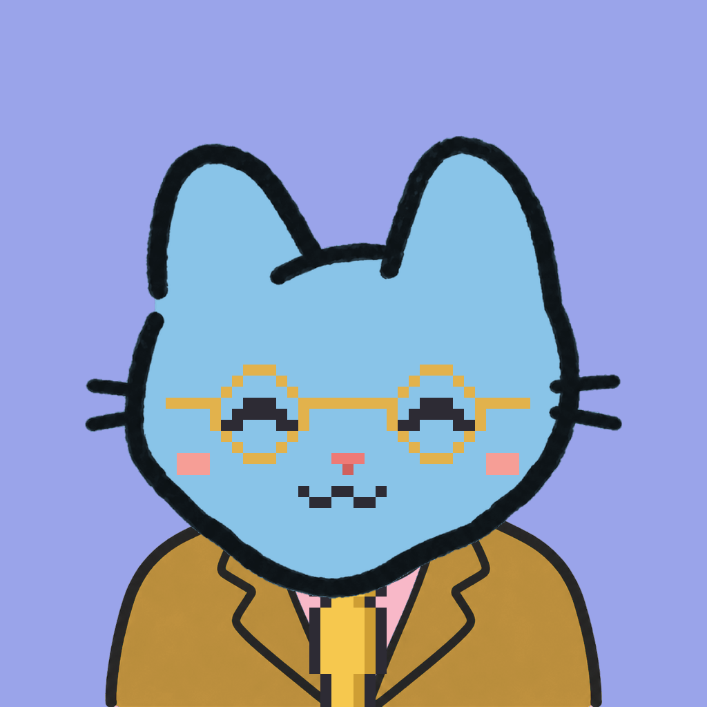 Employee #1752 — a sky cat, in a mustard suit, with a gold tie, wearing round-gold glasses, on periwinkle