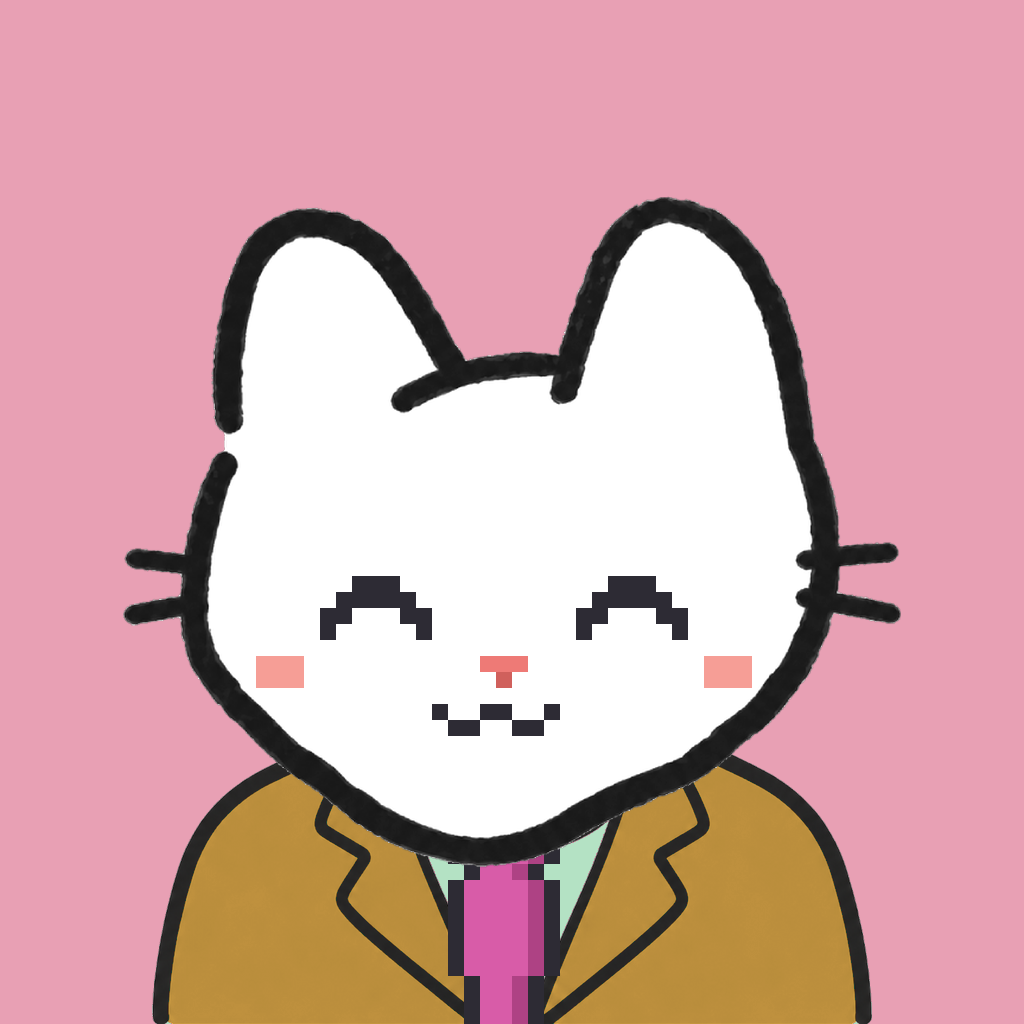 Employee #1753 — a white cat, in a mustard suit, with a magenta tie, on rose