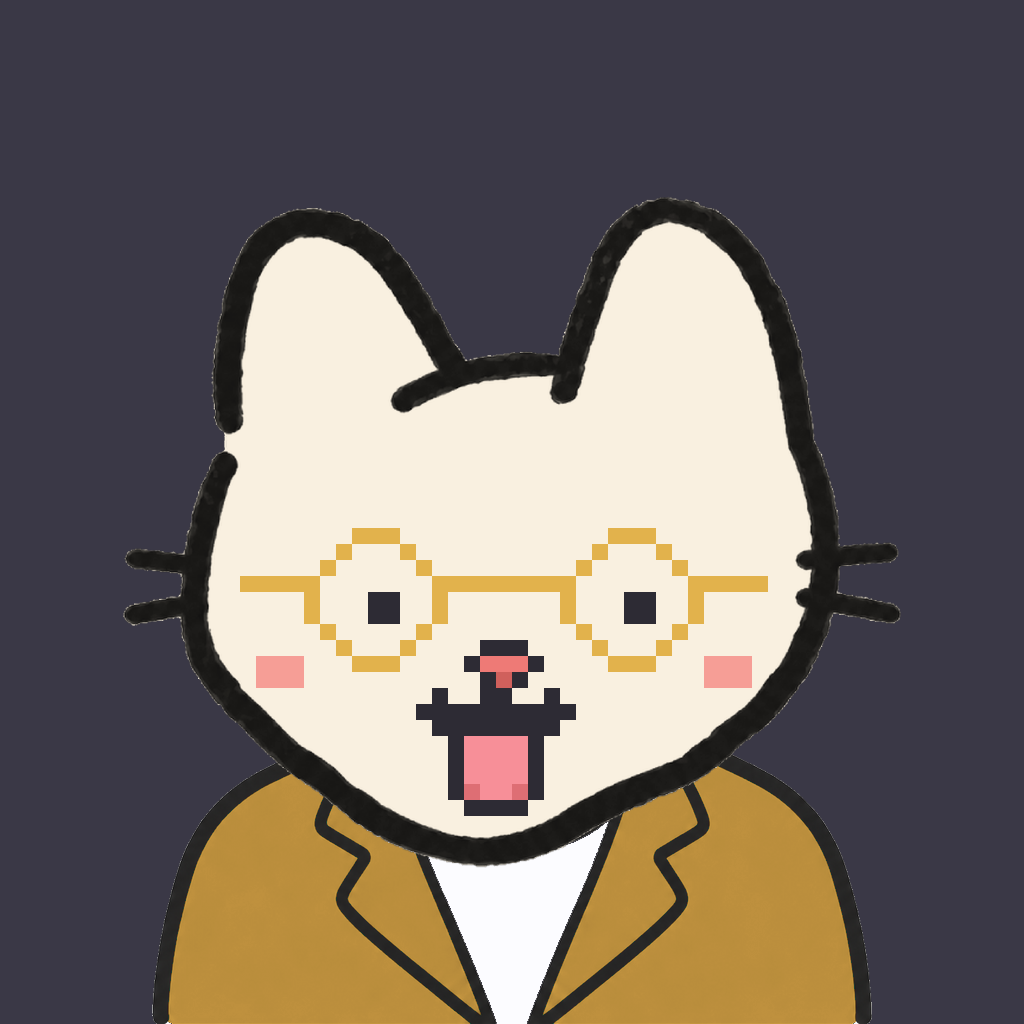 Employee #1754 — a cream cat, in a mustard suit, wearing round-gold glasses, on charcoal