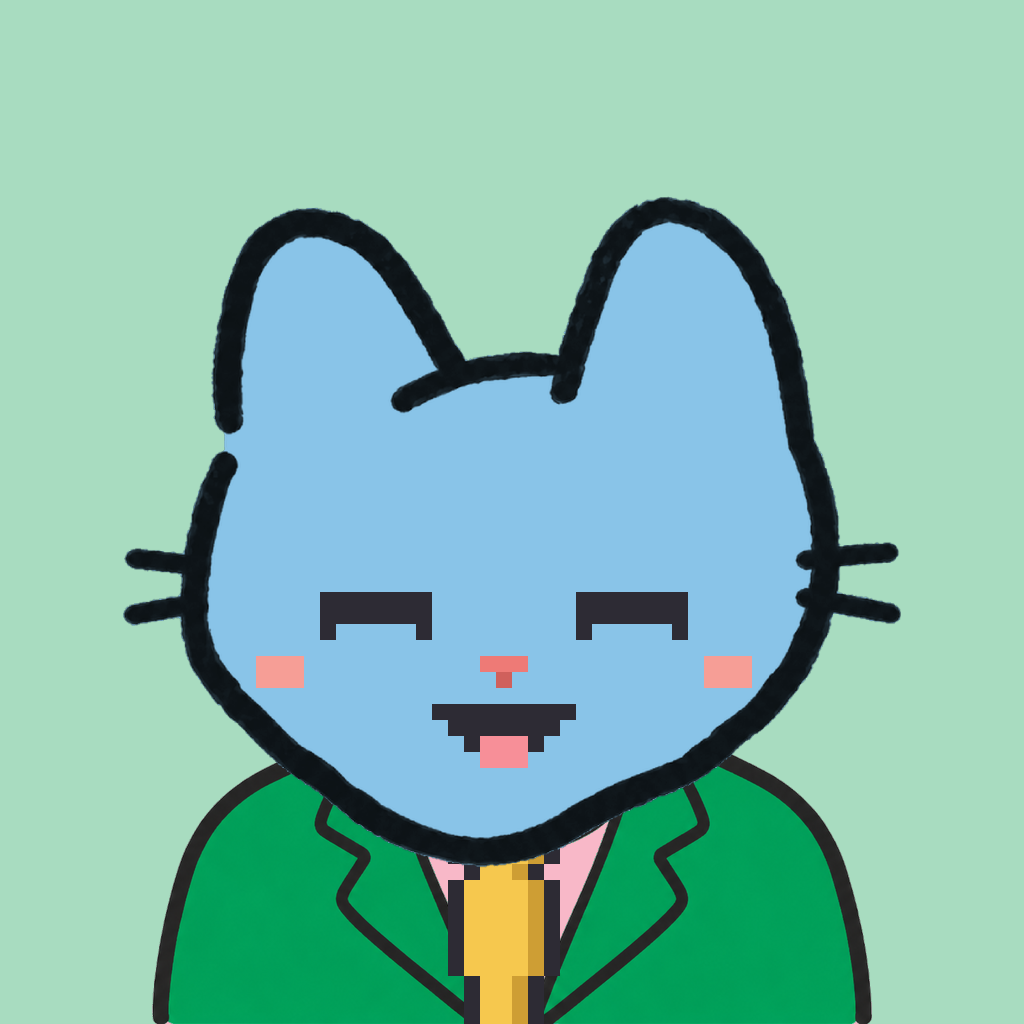 Employee #1755 — a sky cat, in a green suit, with a gold tie, on mint