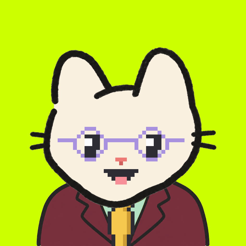 Employee #1756 — a cream cat, in a burgundy suit, with a gold tie, wearing round-lavender glasses, on volt