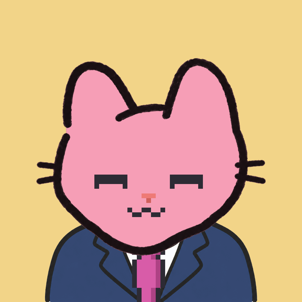 Employee #1757 — a pink cat, in a navy suit, with a magenta tie, on butter