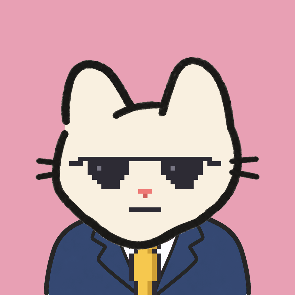 Employee #1758 — a cream cat, in a navy suit, with a gold tie, wearing shades glasses, on rose