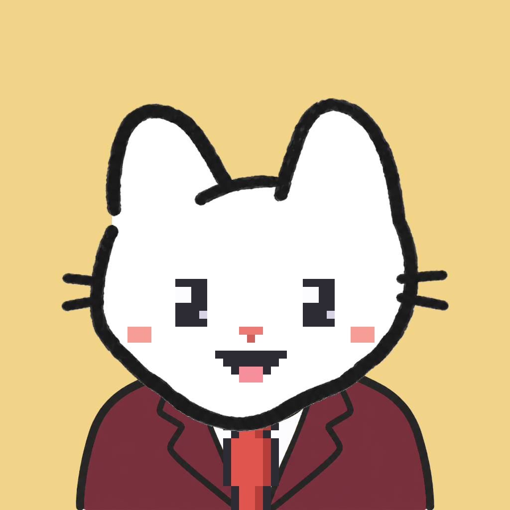 Employee #1759 — a white cat, in a burgundy suit, with a red tie, on butter