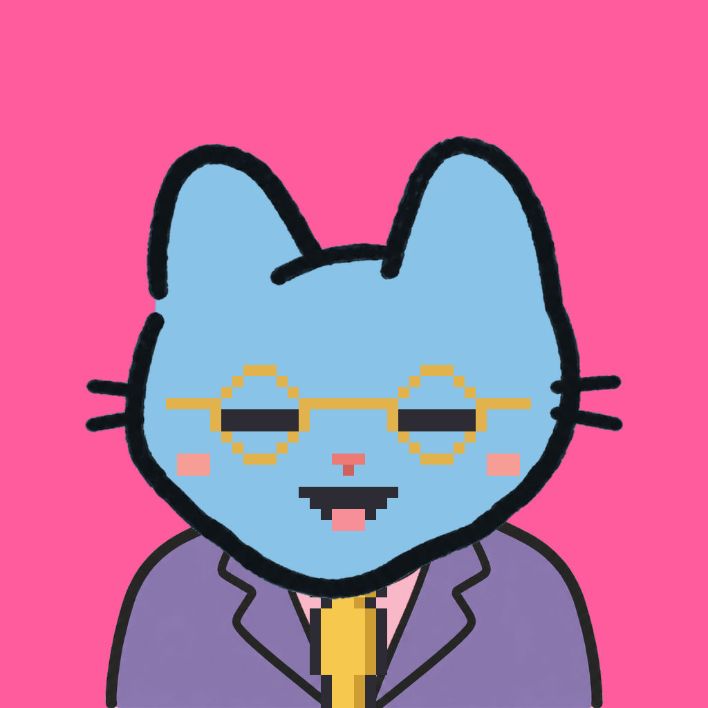 Employee #0176 — a sky cat, in a lavender suit, with a gold tie, wearing round-gold glasses, on hot pink