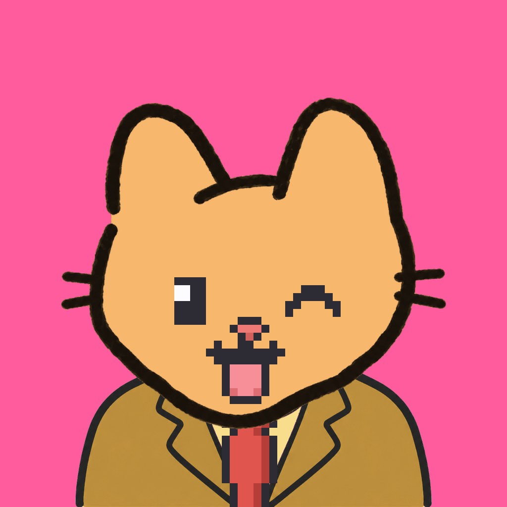 Employee #1761 — a tabby cat, in a mustard suit, with a red tie, on hot pink