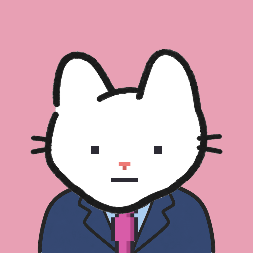 Employee #1762 — a white cat, in a navy suit, with a magenta tie, on rose