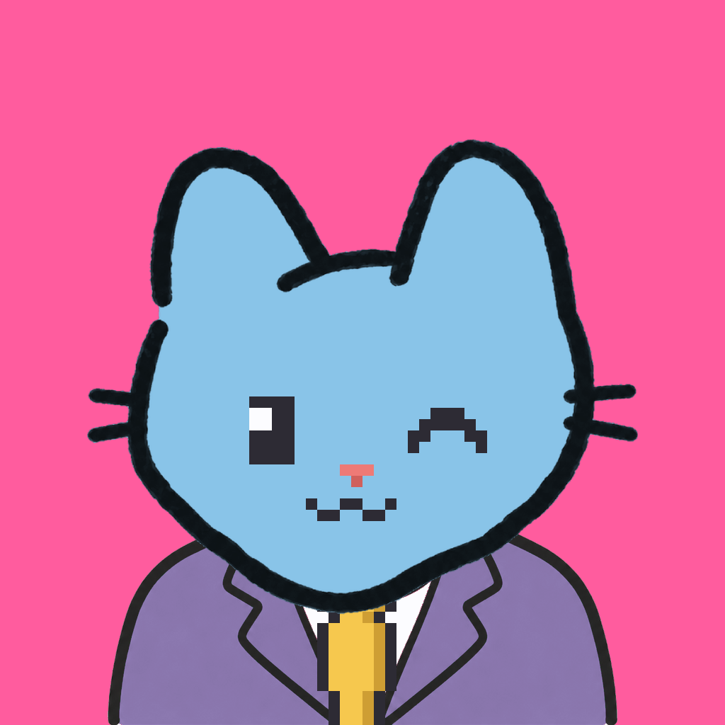 Employee #1763 — a sky cat, in a lavender suit, with a gold tie, on hot pink