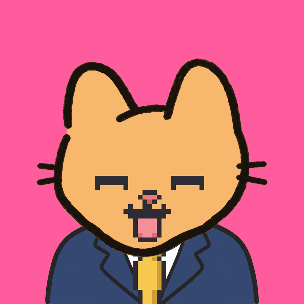 Employee #1764 — a tabby cat, in a navy suit, with a gold tie, on hot pink
