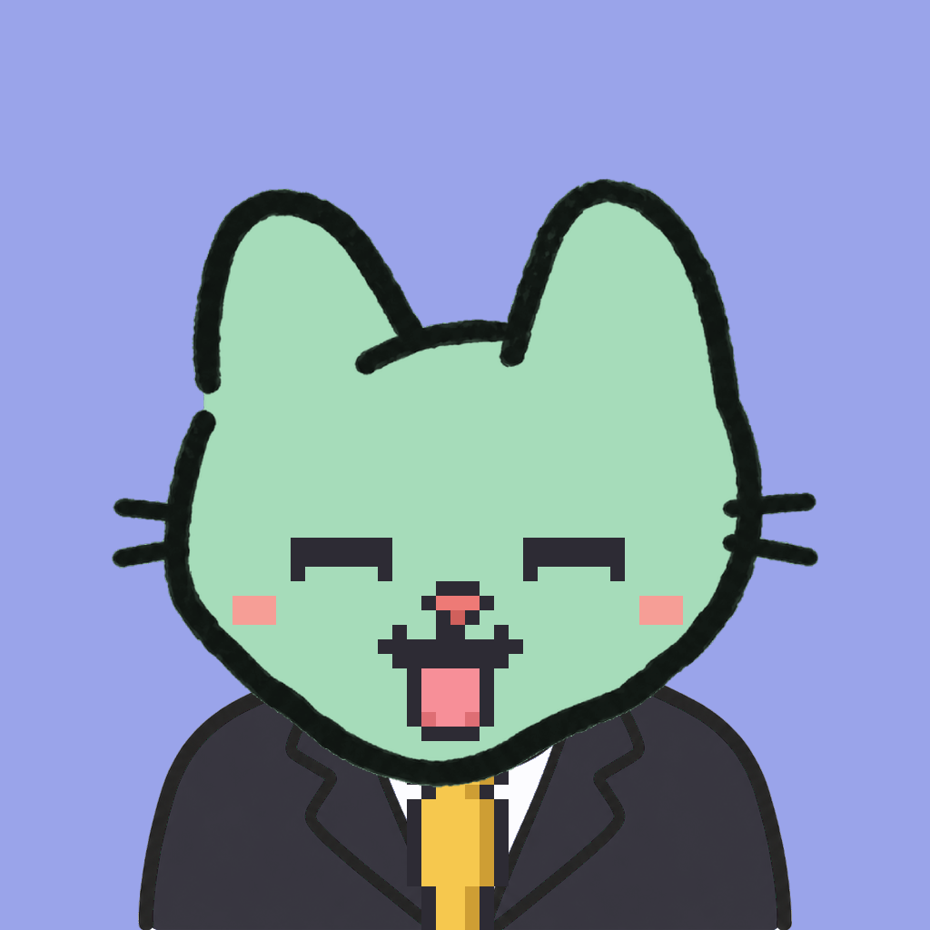 Employee #1765 — a mint cat, in a black suit, with a gold tie, on periwinkle