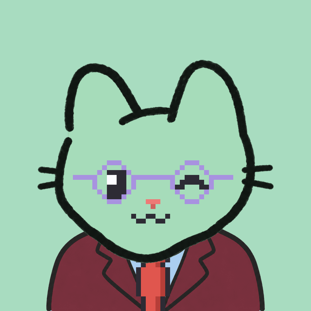 Employee #1766 — a mint cat, in a burgundy suit, with a red tie, wearing round-lavender glasses, on mint