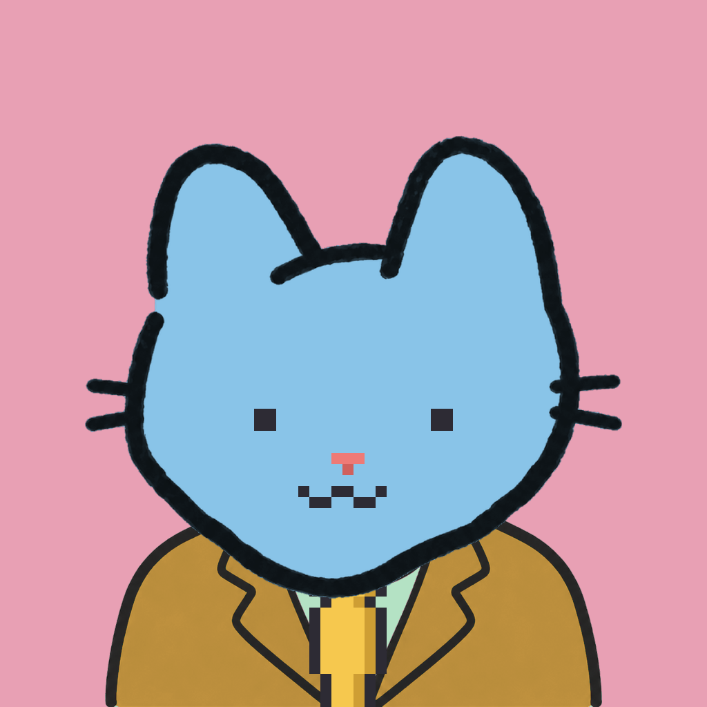 Employee #1767 — a sky cat, in a mustard suit, with a gold tie, on rose