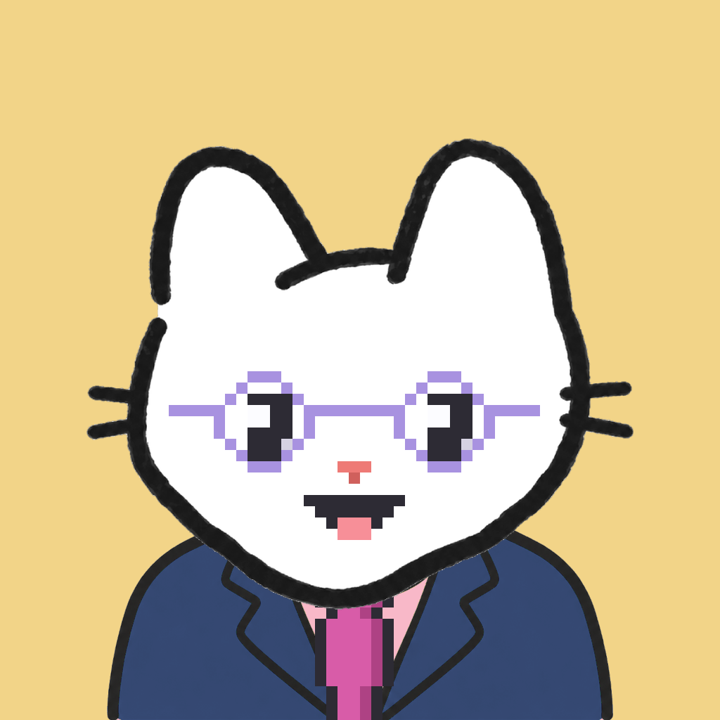 Employee #1768 — a white cat, in a navy suit, with a magenta tie, wearing round-lavender glasses, on butter