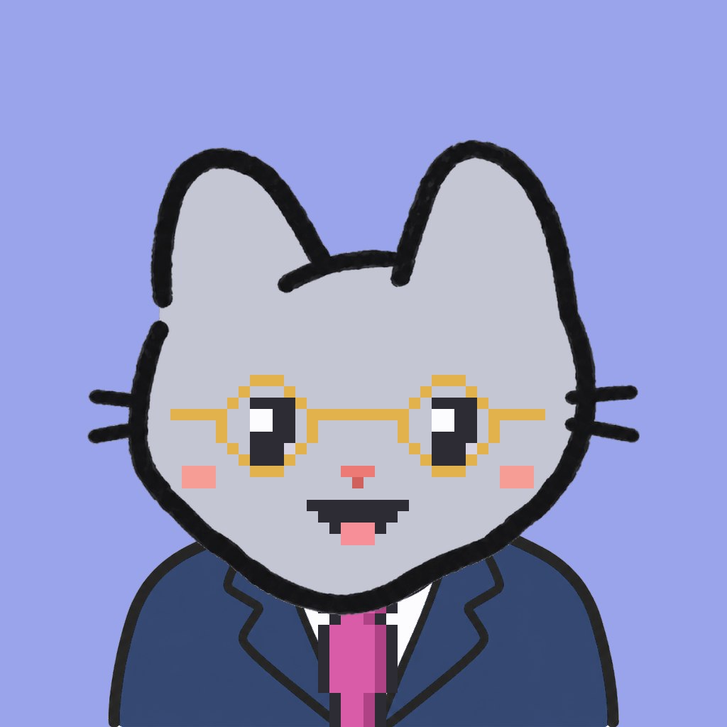 Employee #1769 — a gray cat, in a navy suit, with a magenta tie, wearing round-gold glasses, on periwinkle