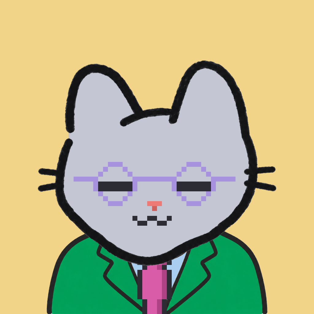 Employee #0177 — a gray cat, in a green suit, with a magenta tie, wearing round-lavender glasses, on butter