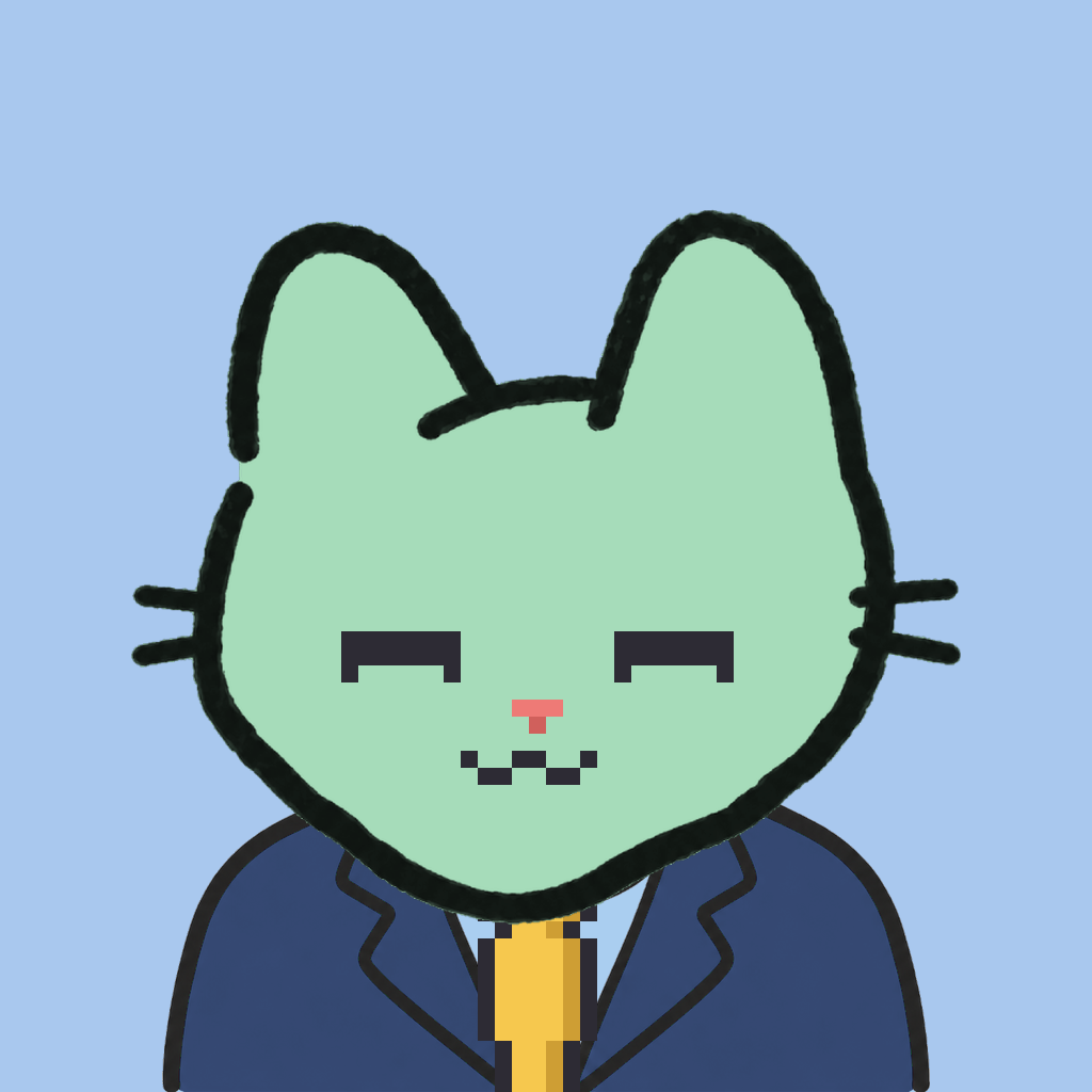 Employee #1770 — a mint cat, in a navy suit, with a gold tie, on sky