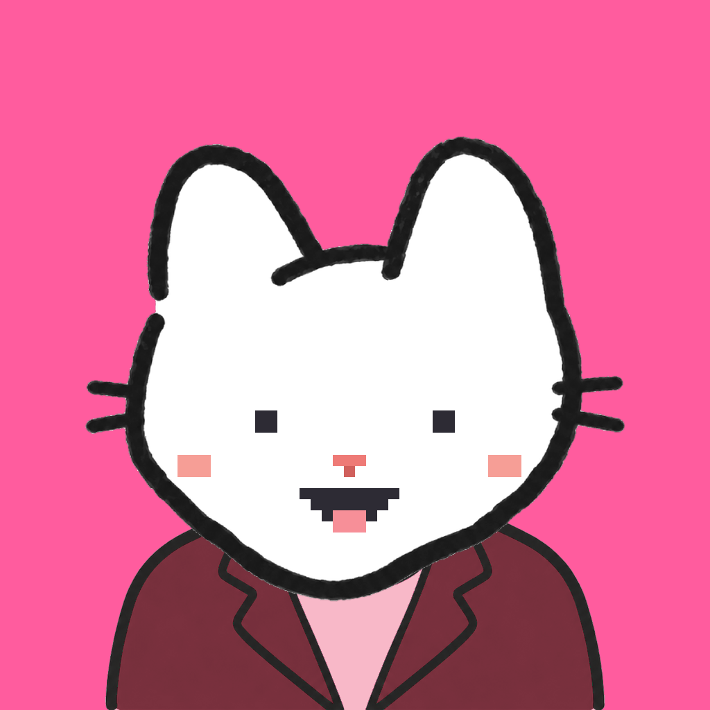 Employee #1771 — a white cat, in a burgundy suit, on hot pink