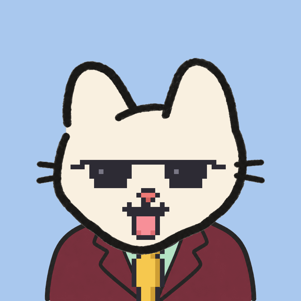 Employee #1772 — a cream cat, in a burgundy suit, with a gold tie, wearing shades glasses, on sky