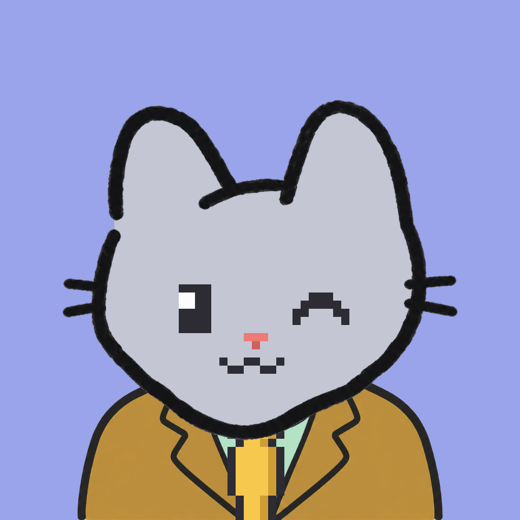 Employee #1773 — a gray cat, in a mustard suit, with a gold tie, on periwinkle