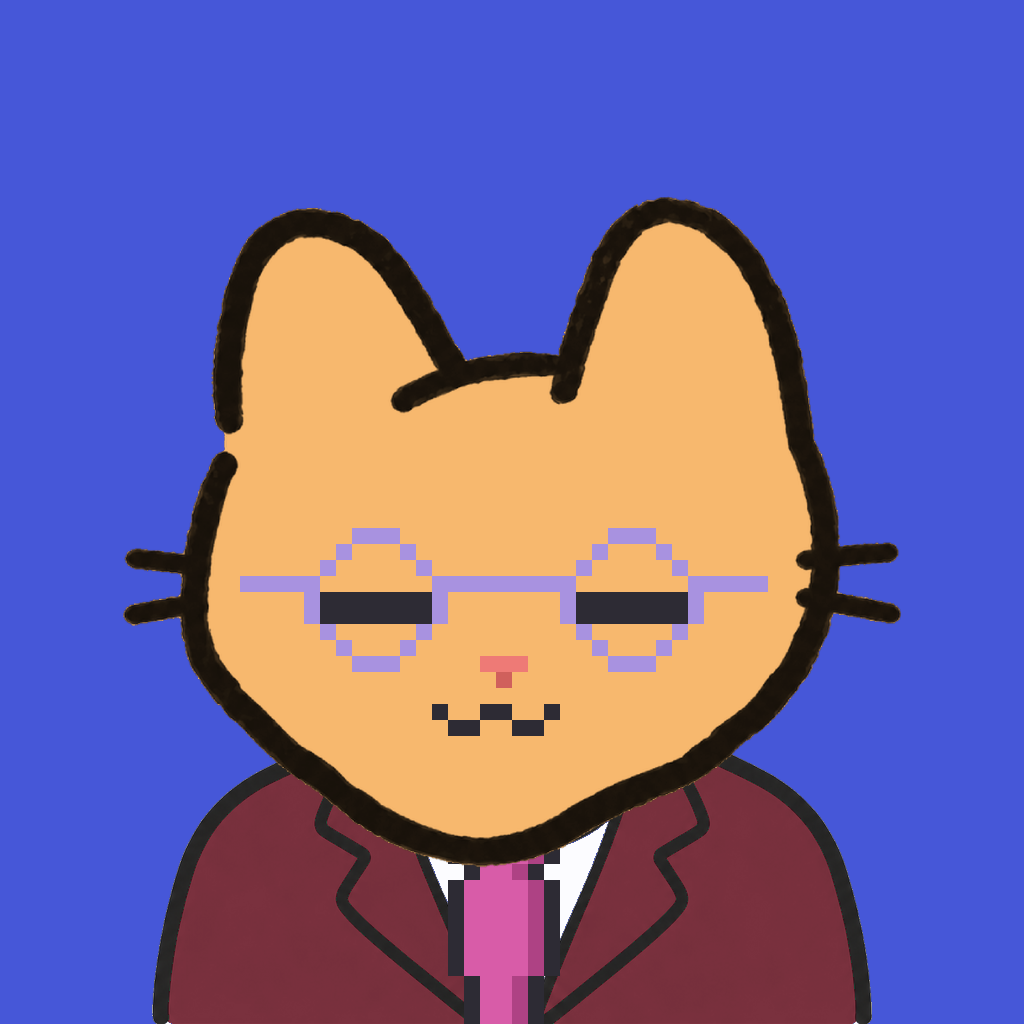 Employee #1774 — a tabby cat, in a burgundy suit, with a magenta tie, wearing round-lavender glasses, on royal