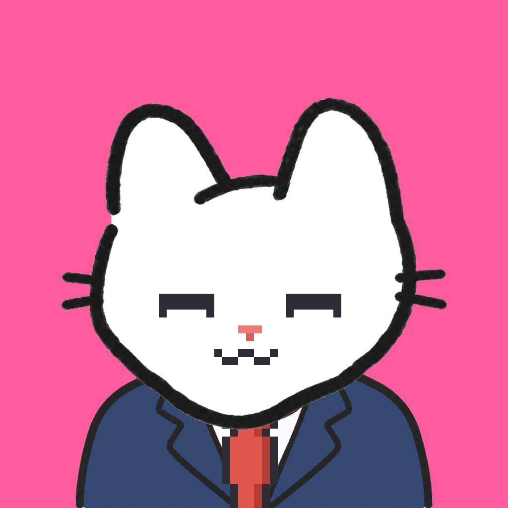 Employee #1775 — a white cat, in a navy suit, with a red tie, on hot pink