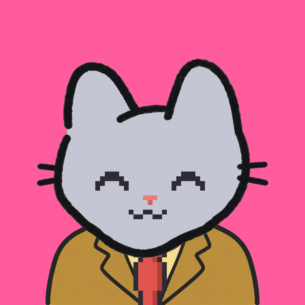 Employee #1776 — a gray cat, in a mustard suit, with a red tie, on hot pink