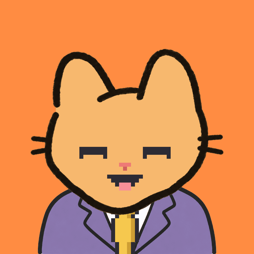 Employee #1777 — a tabby cat, in a lavender suit, with a gold tie, on tangerine