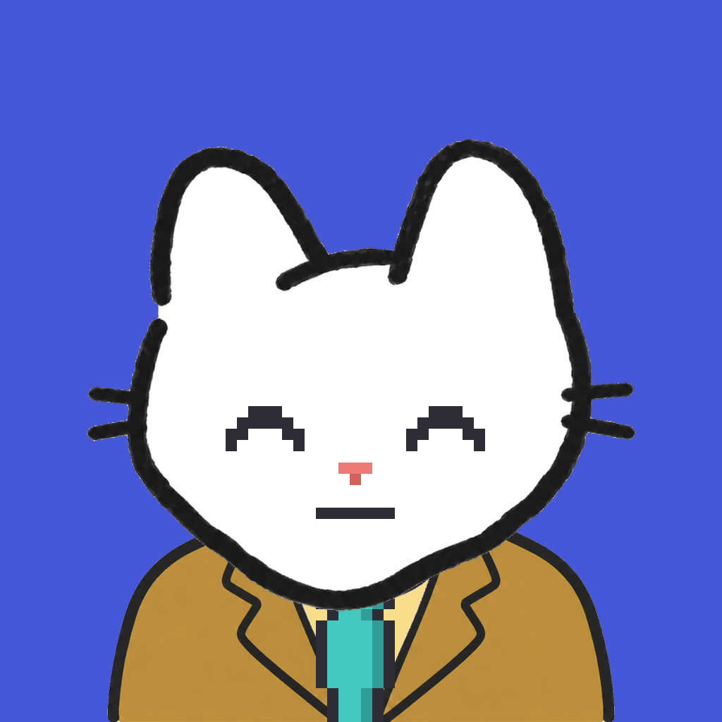 Employee #1778 — a white cat, in a mustard suit, with a teal tie, on royal