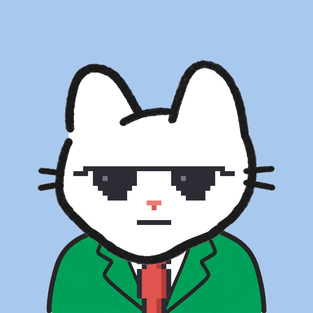 Employee #0178 — a white cat, in a green suit, with a red tie, wearing shades glasses, on sky