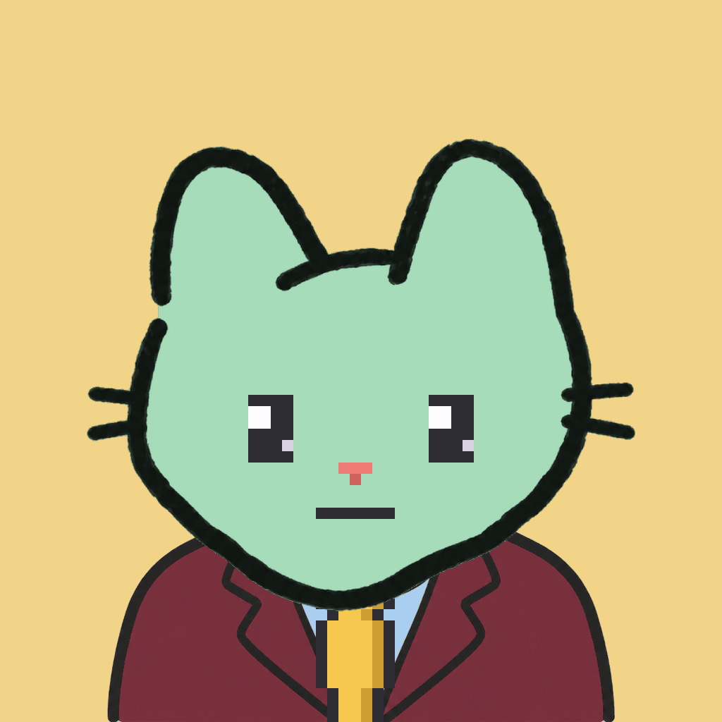 Employee #1780 — a mint cat, in a burgundy suit, with a gold tie, on butter