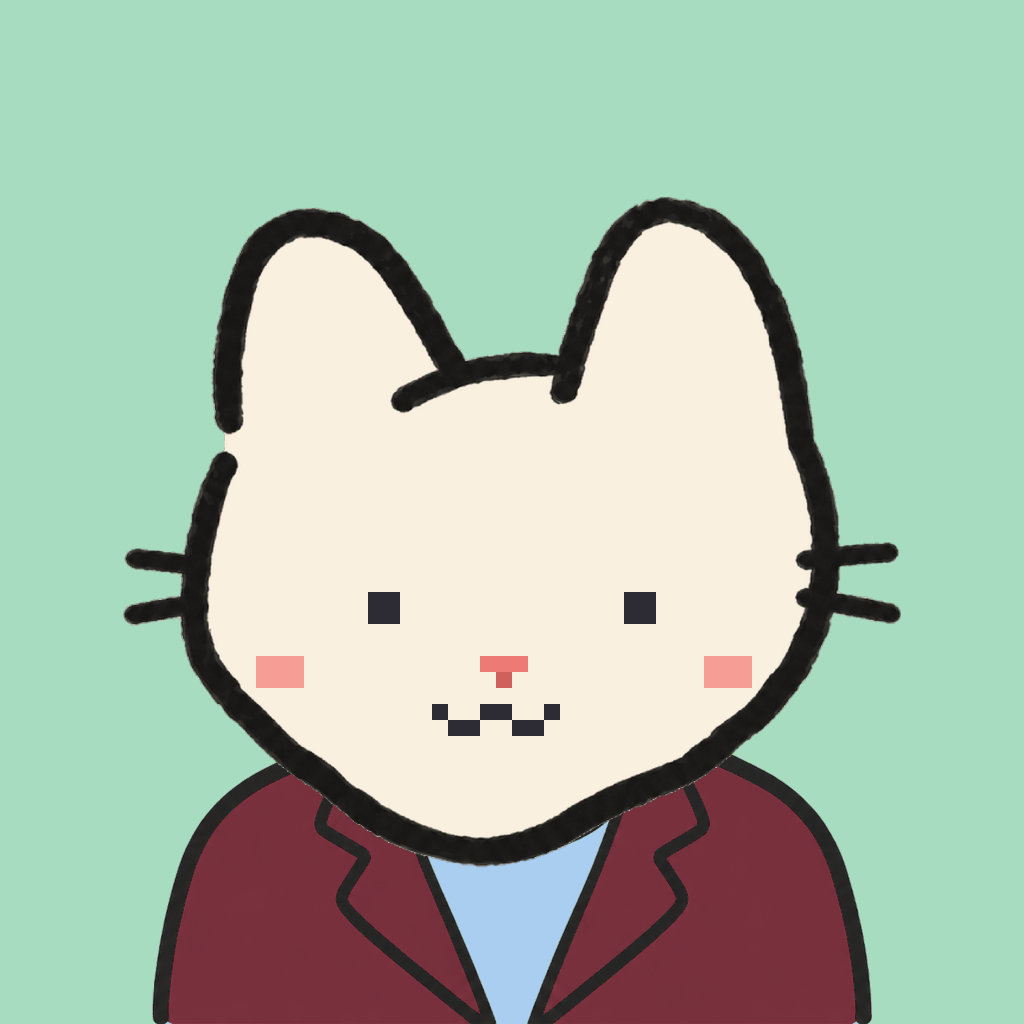 Employee #1781 — a cream cat, in a burgundy suit, on mint