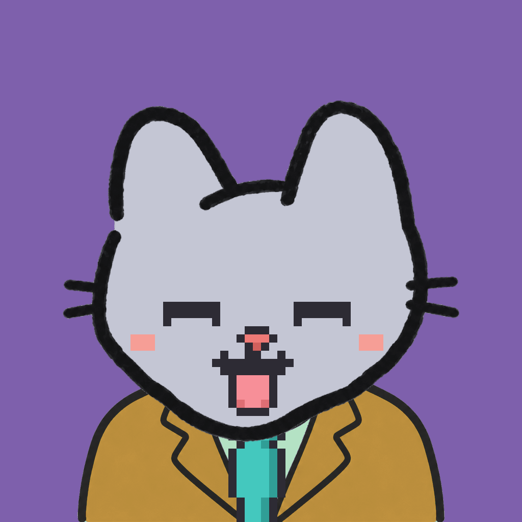 Employee #1782 — a gray cat, in a mustard suit, with a teal tie, on plasma violet