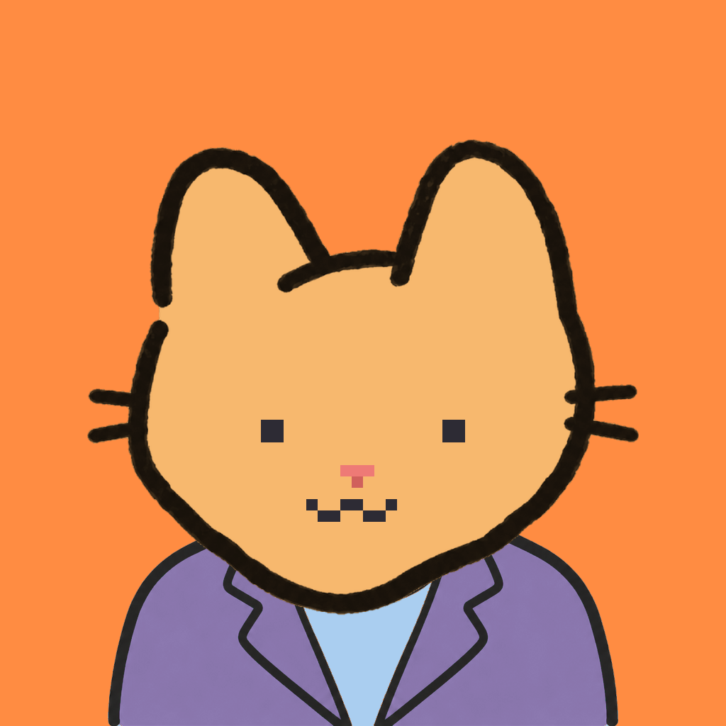 Employee #1783 — a tabby cat, in a lavender suit, on tangerine