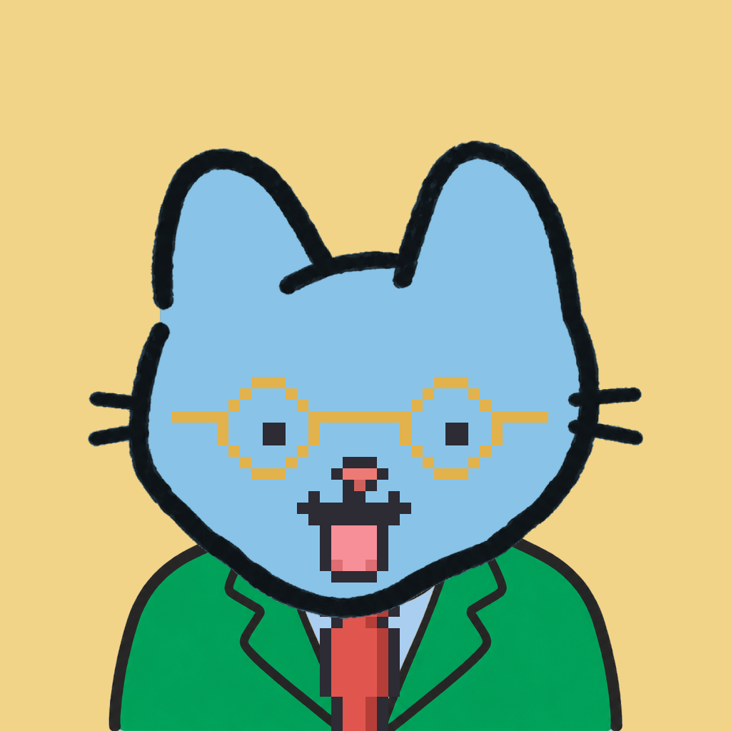 Employee #1784 — a sky cat, in a green suit, with a red tie, wearing round-gold glasses, on butter