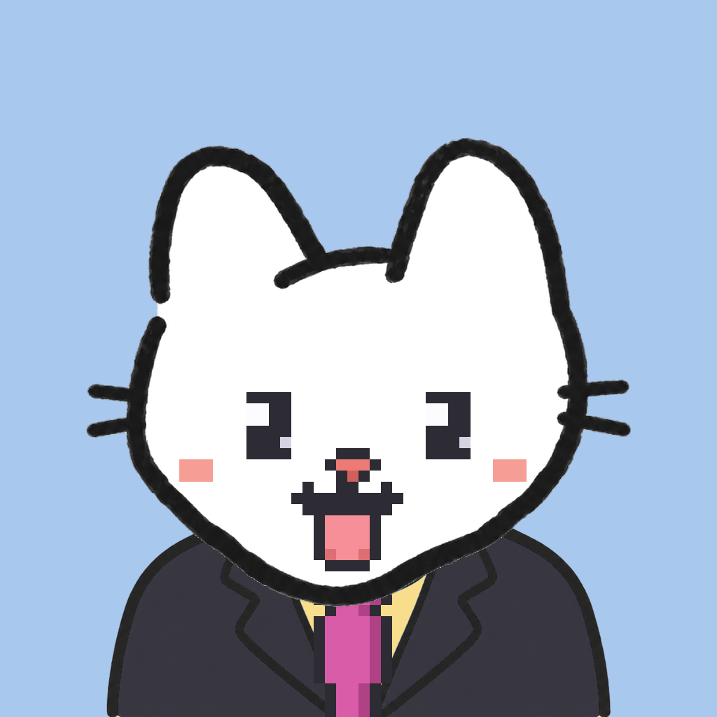 Employee #1785 — a white cat, in a black suit, with a magenta tie, on sky