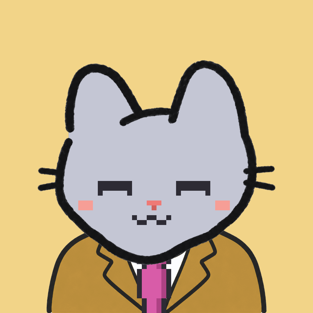 Employee #1787 — a gray cat, in a mustard suit, with a magenta tie, on butter