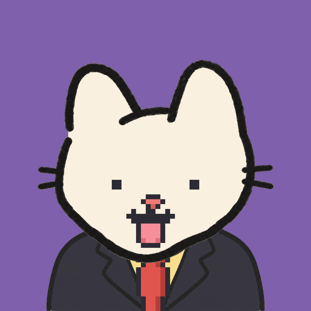 Employee #1788 — a cream cat, in a black suit, with a red tie, on plasma violet