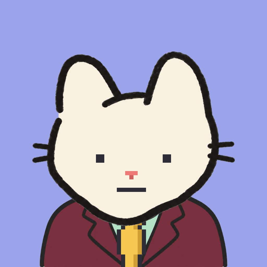 Employee #1789 — a cream cat, in a burgundy suit, with a gold tie, on periwinkle