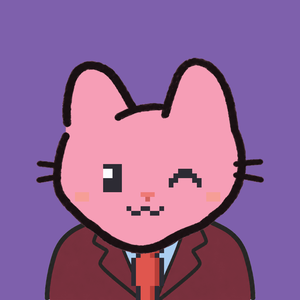 Employee #0179 — a pink cat, in a burgundy suit, with a red tie, on plasma violet