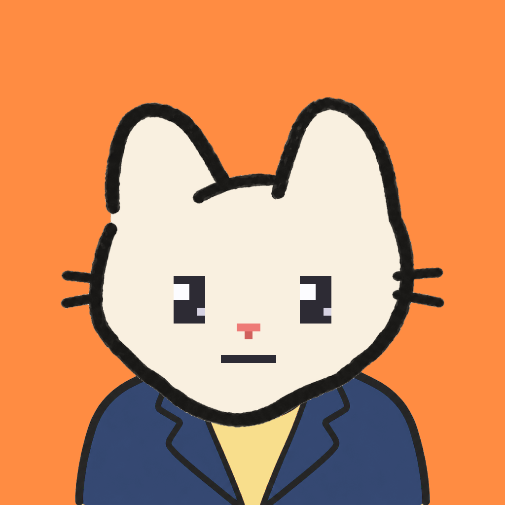 Employee #1790 — a cream cat, in a navy suit, on tangerine