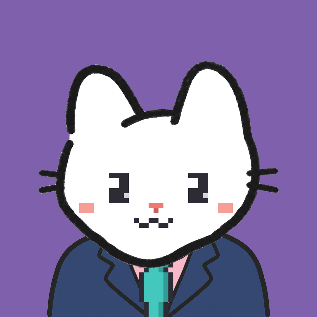 Employee #1791 — a white cat, in a navy suit, with a teal tie, on plasma violet