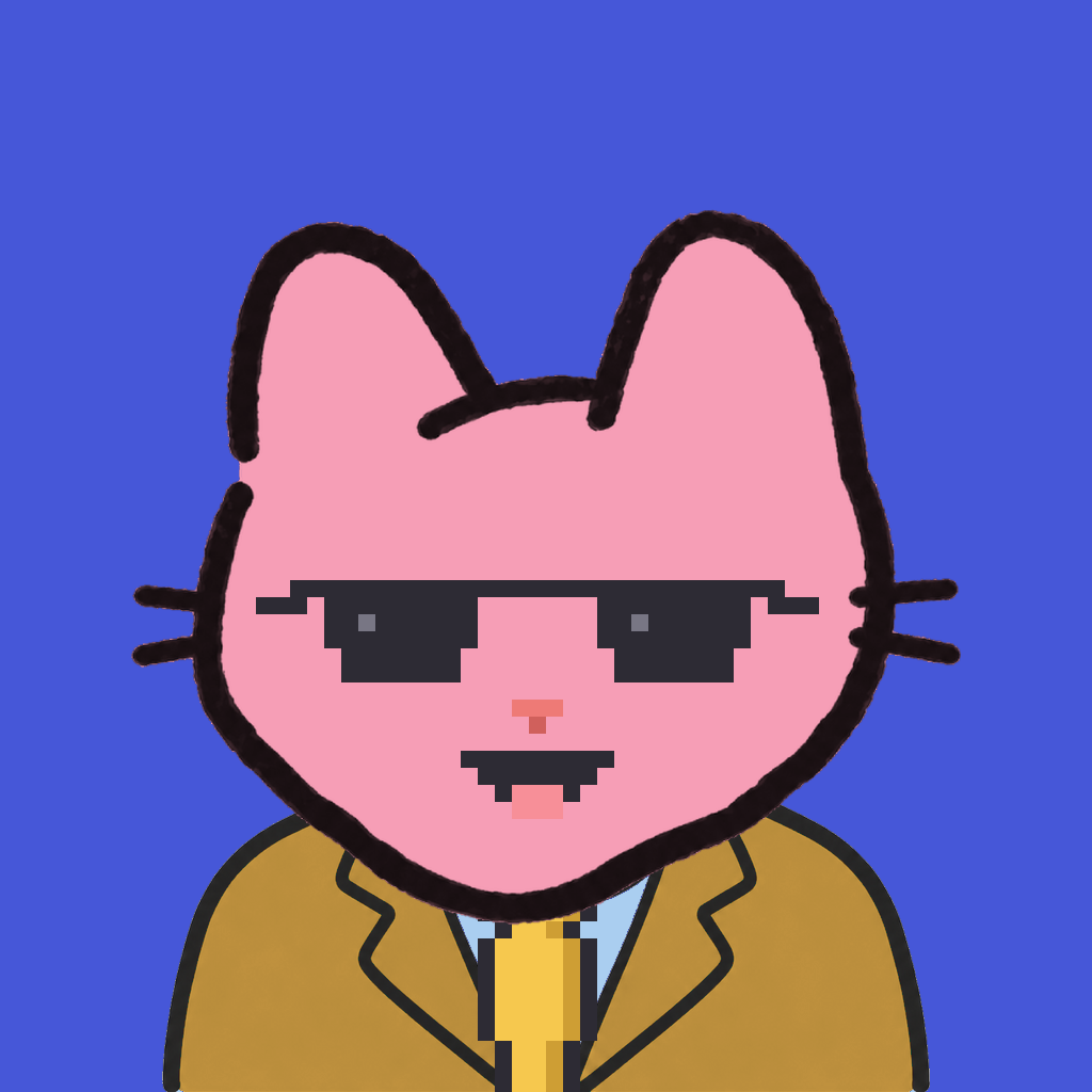 Employee #1792 — a pink cat, in a mustard suit, with a gold tie, wearing shades glasses, on royal