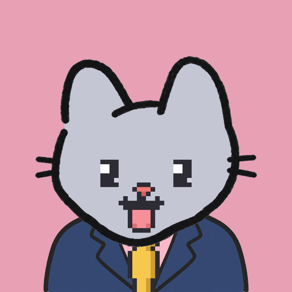 Employee #1793 — a gray cat, in a navy suit, with a gold tie, on rose