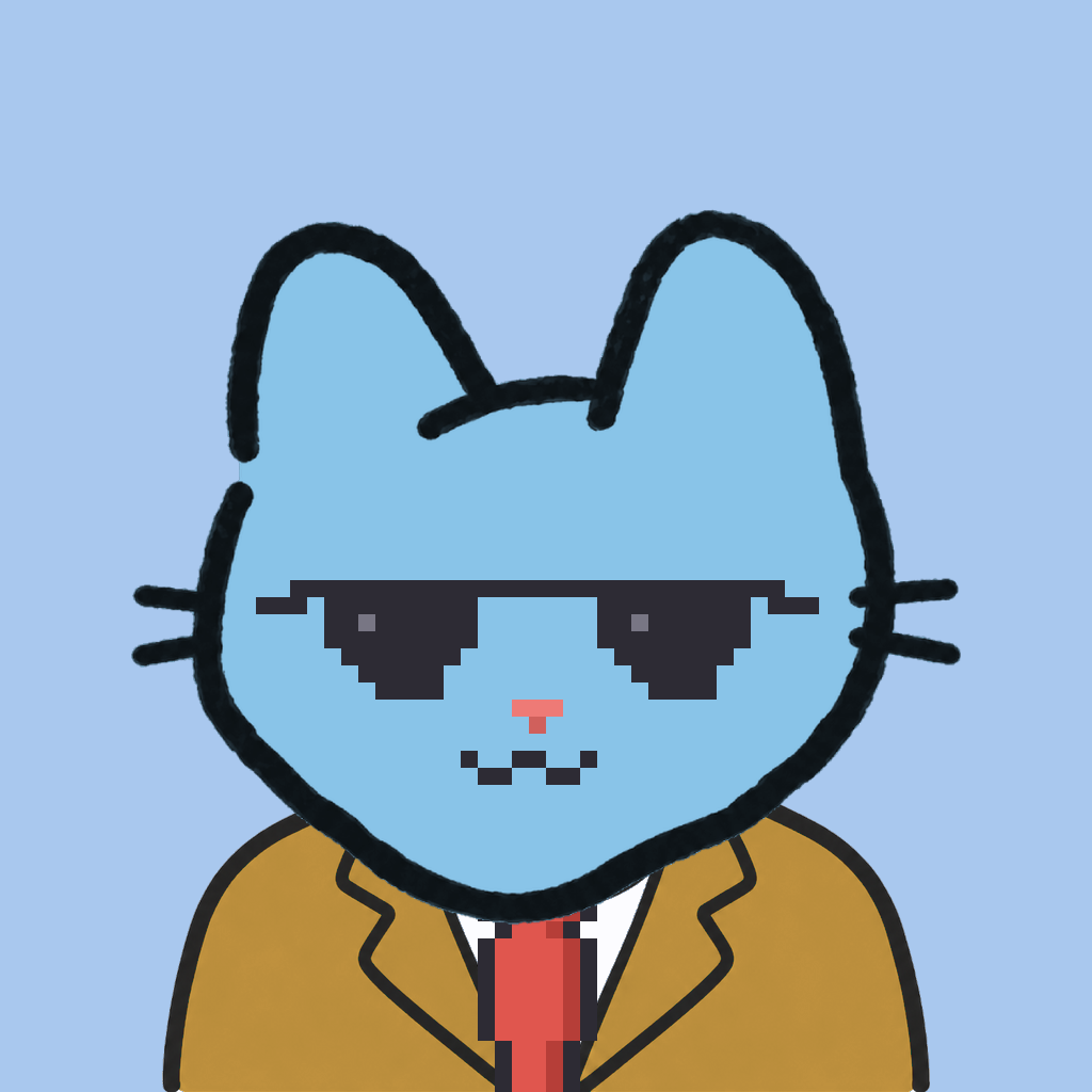 Employee #1795 — a sky cat, in a mustard suit, with a red tie, wearing shades glasses, on sky