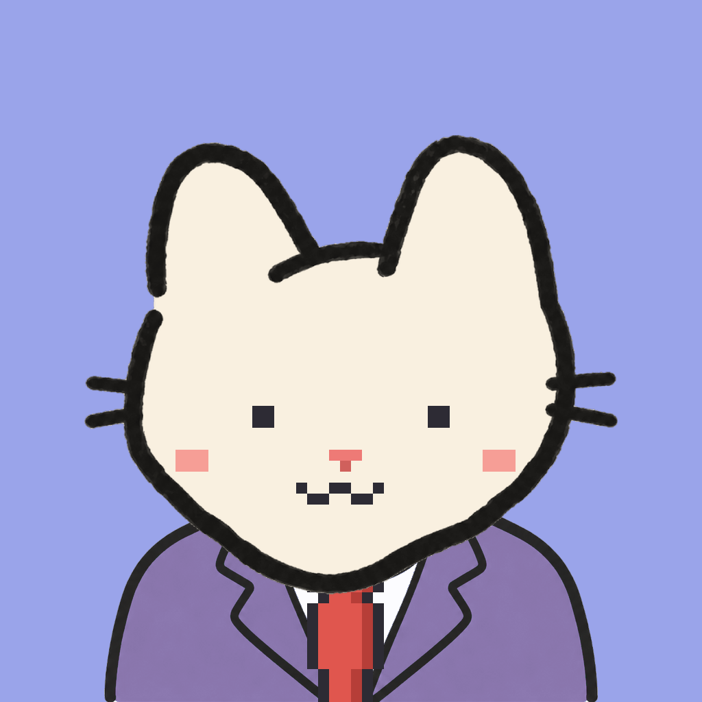 Employee #1796 — a cream cat, in a lavender suit, with a red tie, on periwinkle