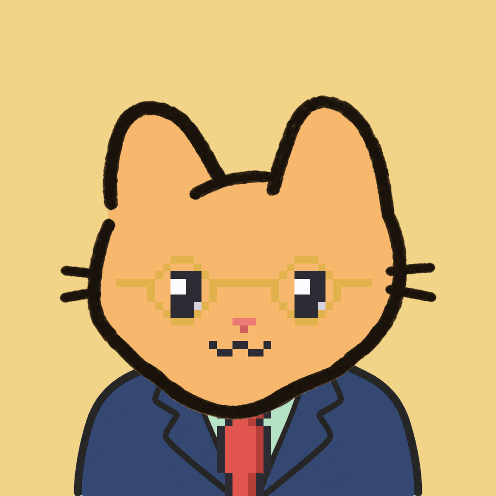 Employee #1797 — a tabby cat, in a navy suit, with a red tie, wearing round-gold glasses, on butter