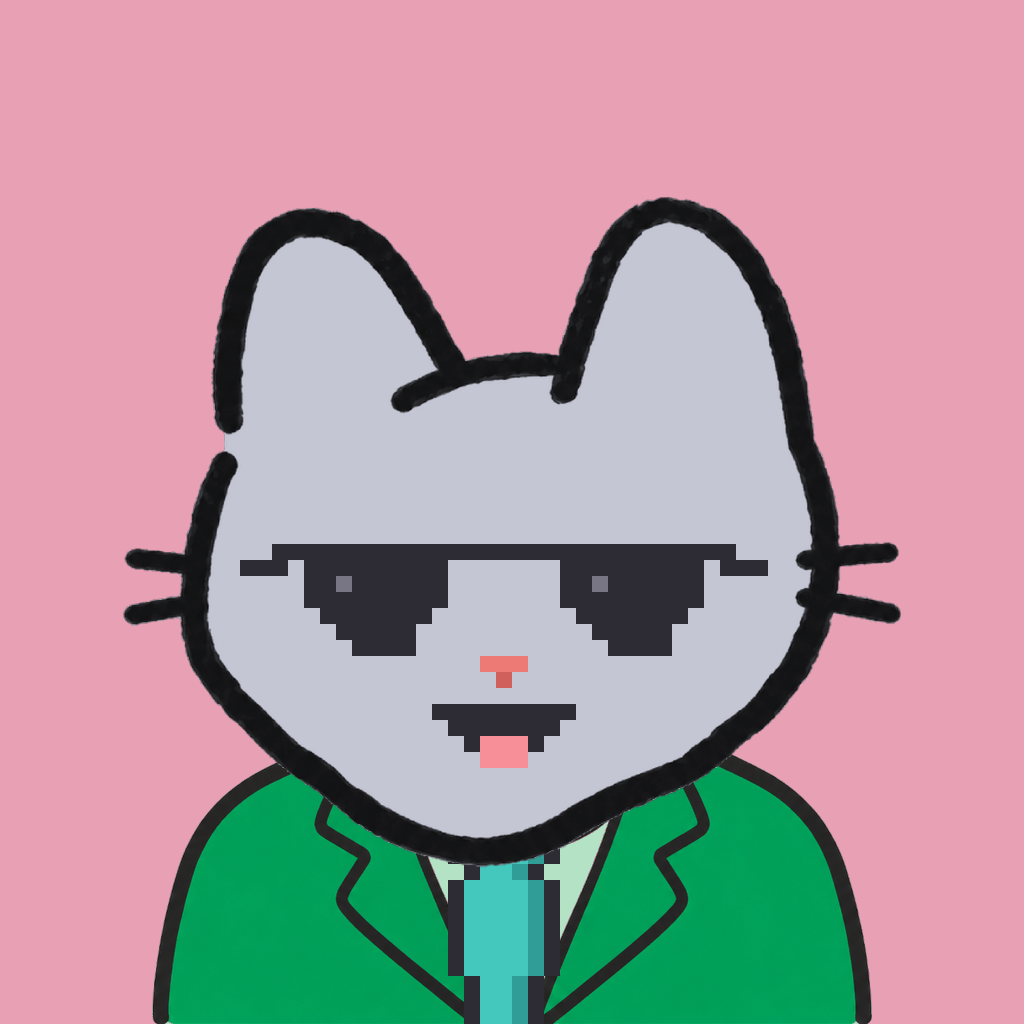Employee #1798 — a gray cat, in a green suit, with a teal tie, wearing shades glasses, on rose