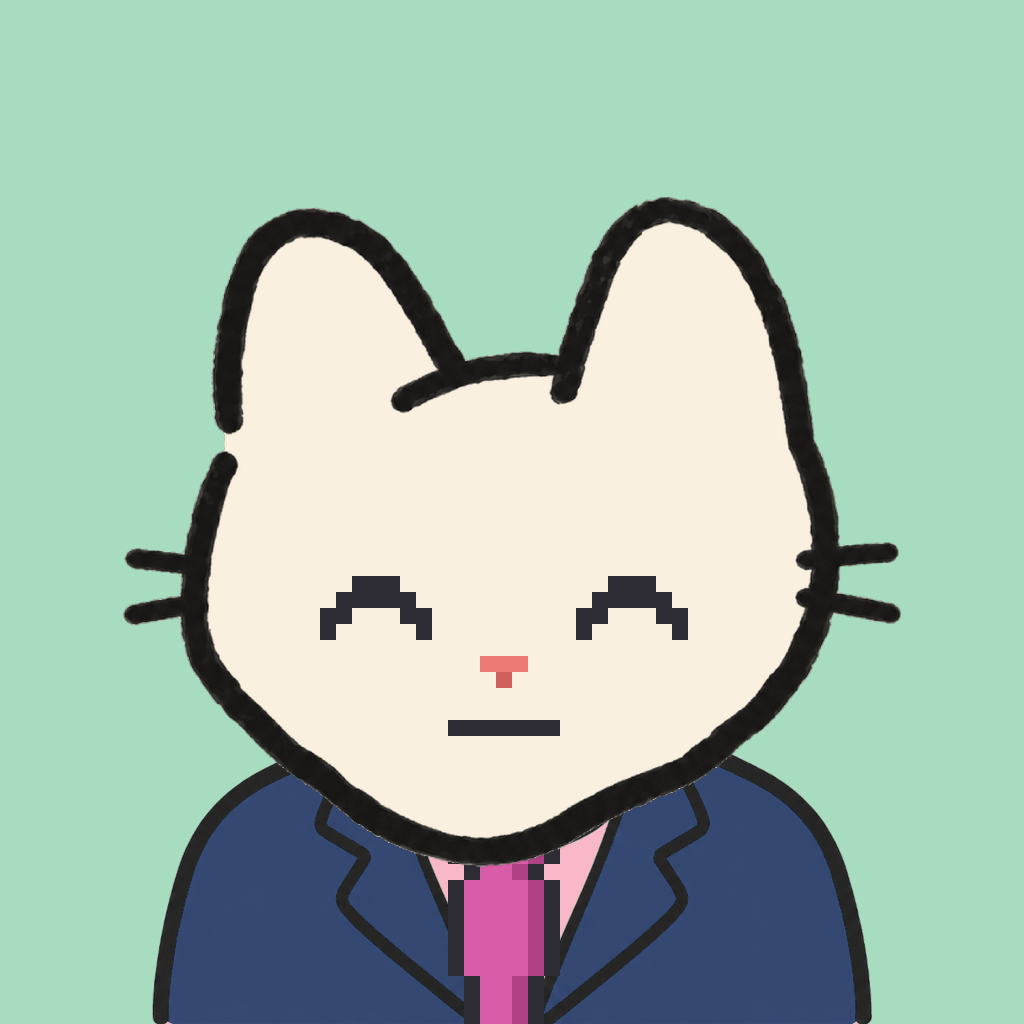 Employee #1799 — a cream cat, in a navy suit, with a magenta tie, on mint