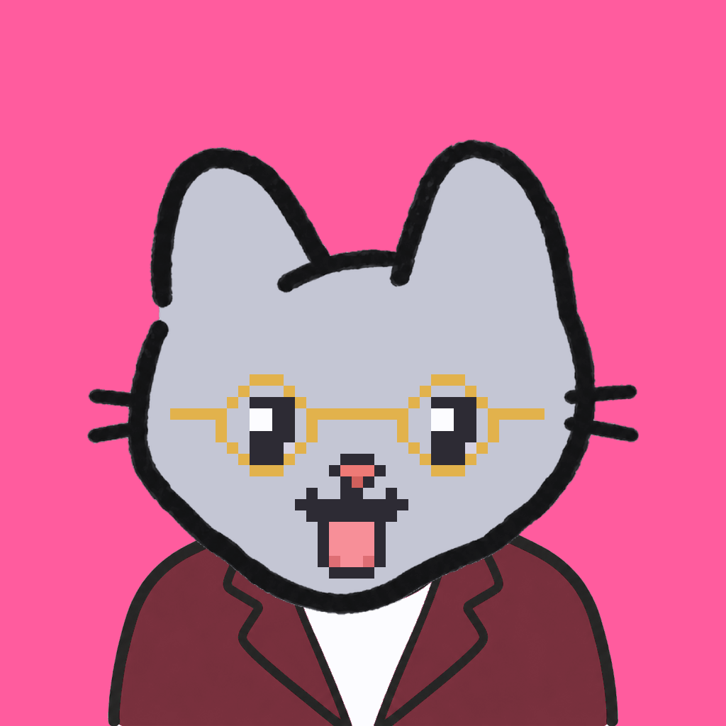 Employee #0018 — a gray cat, in a burgundy suit, wearing round-gold glasses, on hot pink